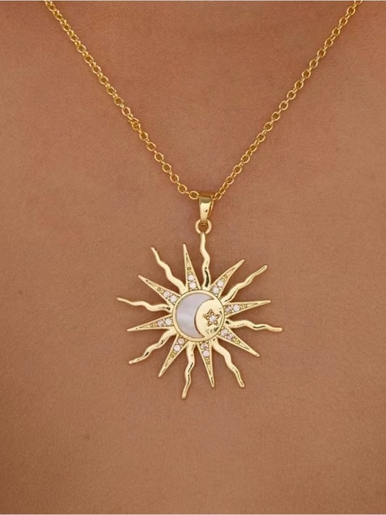 Big Jewelry Co Jewelry - Gold Sun & Crescent Moon Pendant Necklace with Mother-of-Pearl Accent
